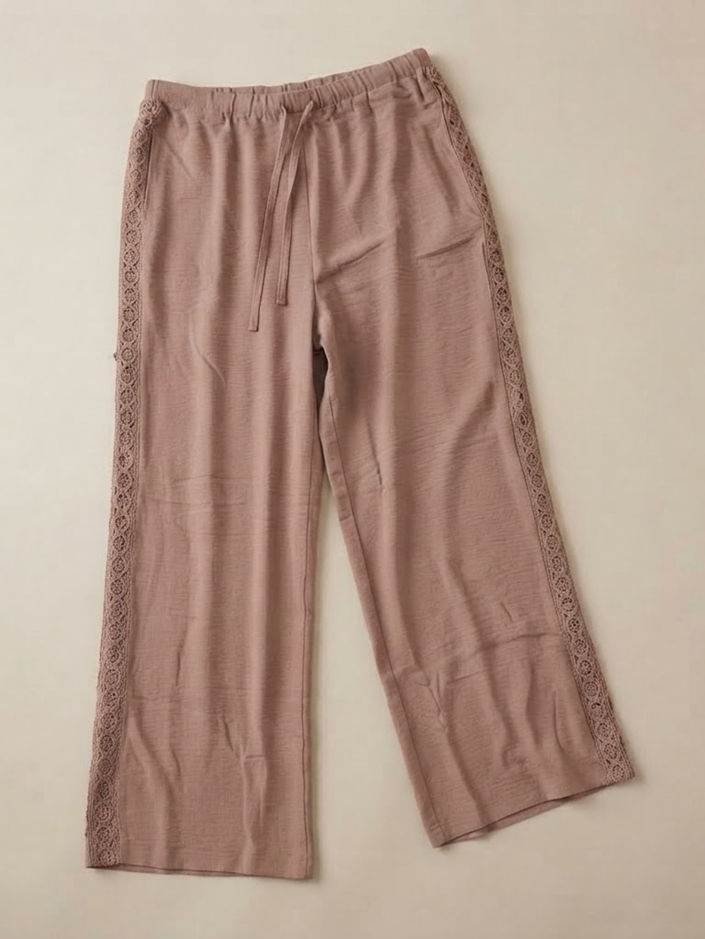 Sampeel Blush/Mauve Wide-Leg Drawstring Pants with Crochet Lace Trim — Size L